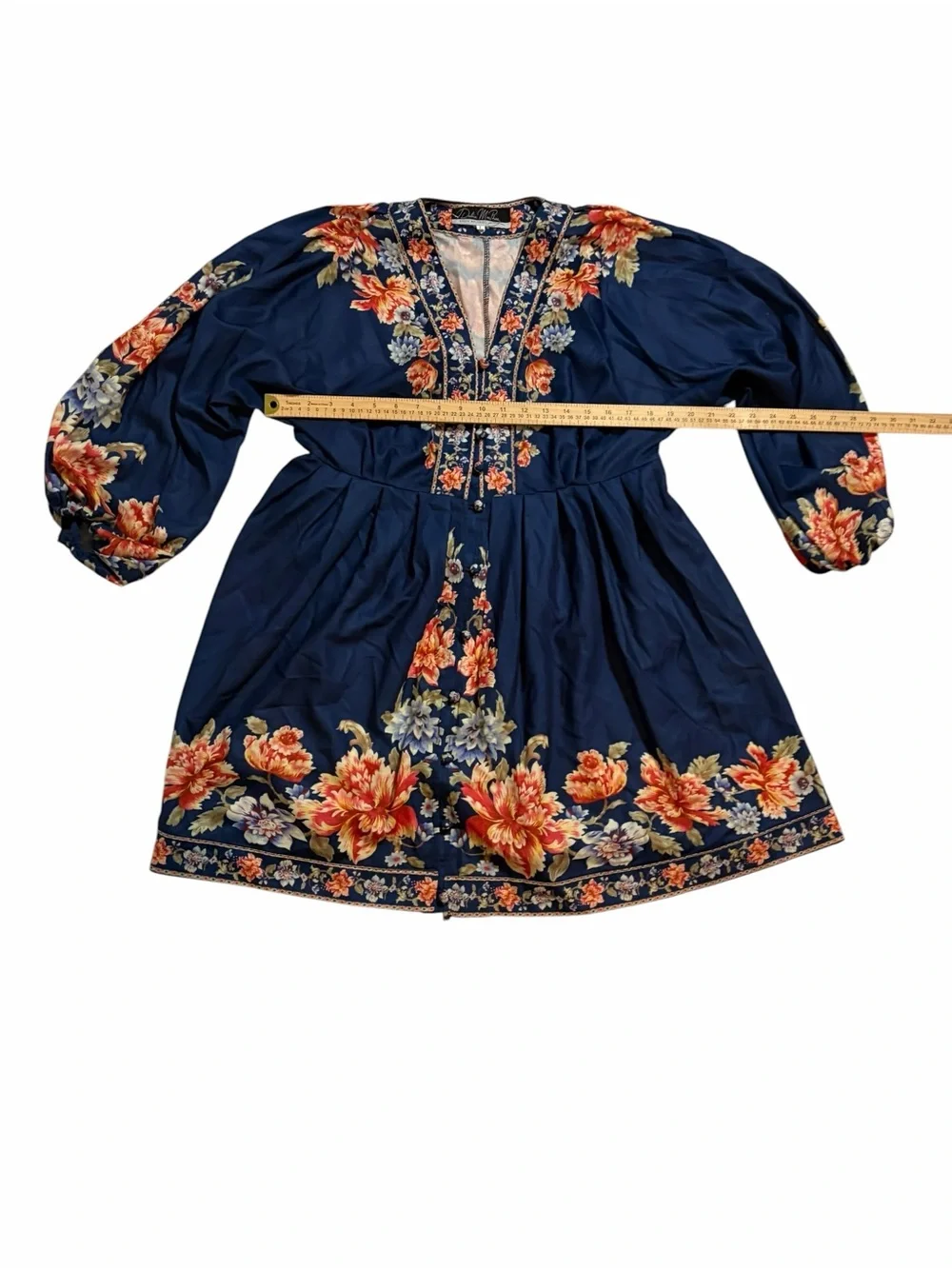 NWOT Dalia Macphee  Navy Floral Embroidered Mini Dress with Belt Size-Large - Picture 4 of 8